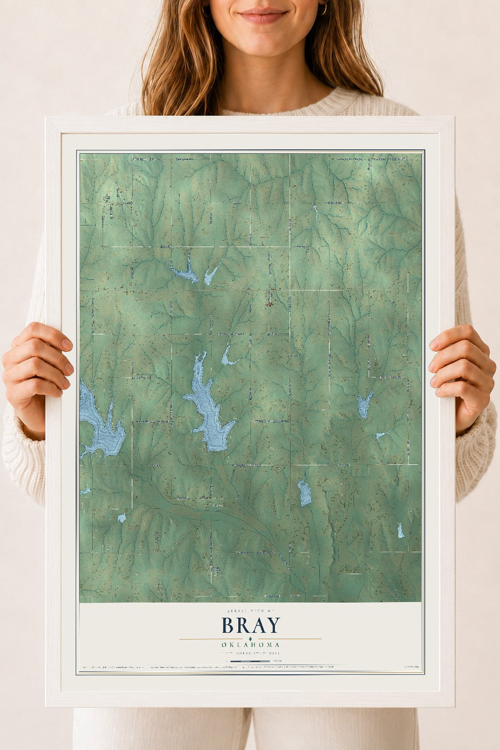 Map of Bray, Oklahoma, 18 x 24 inch print in a white wood frame