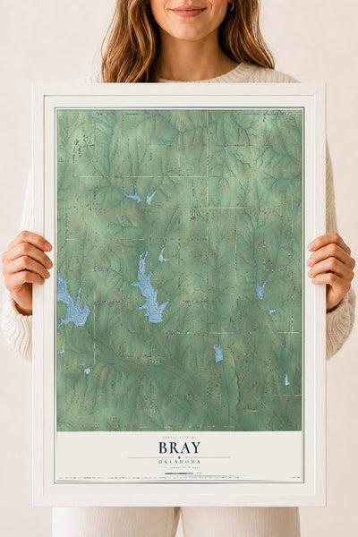 Map of Bray, Oklahoma, 18 x 24 inch print in a white wood frame