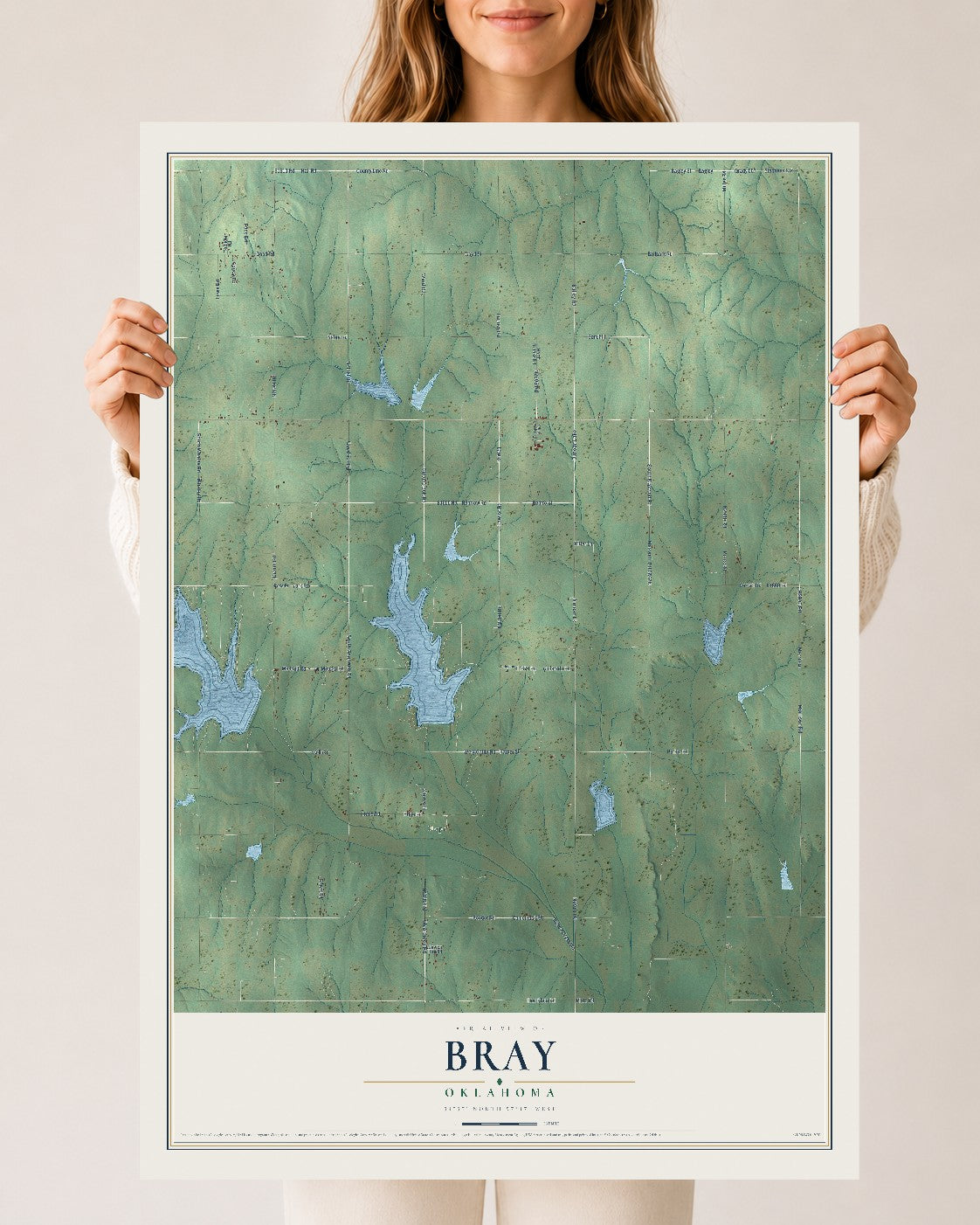 Map of Bray, Oklahoma, 24 x 36 inch unframed archival matte print