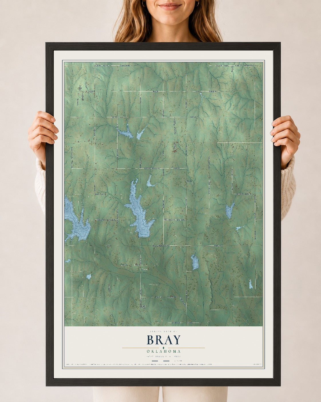 Map of Bray, Oklahoma, 24 x 36 inch print in a black wood frame