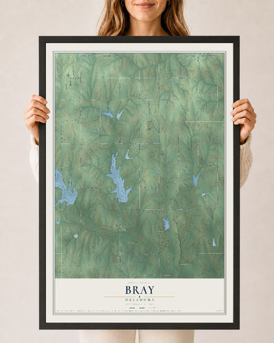 Map of Bray, Oklahoma, 24 x 36 inch print in a black wood frame