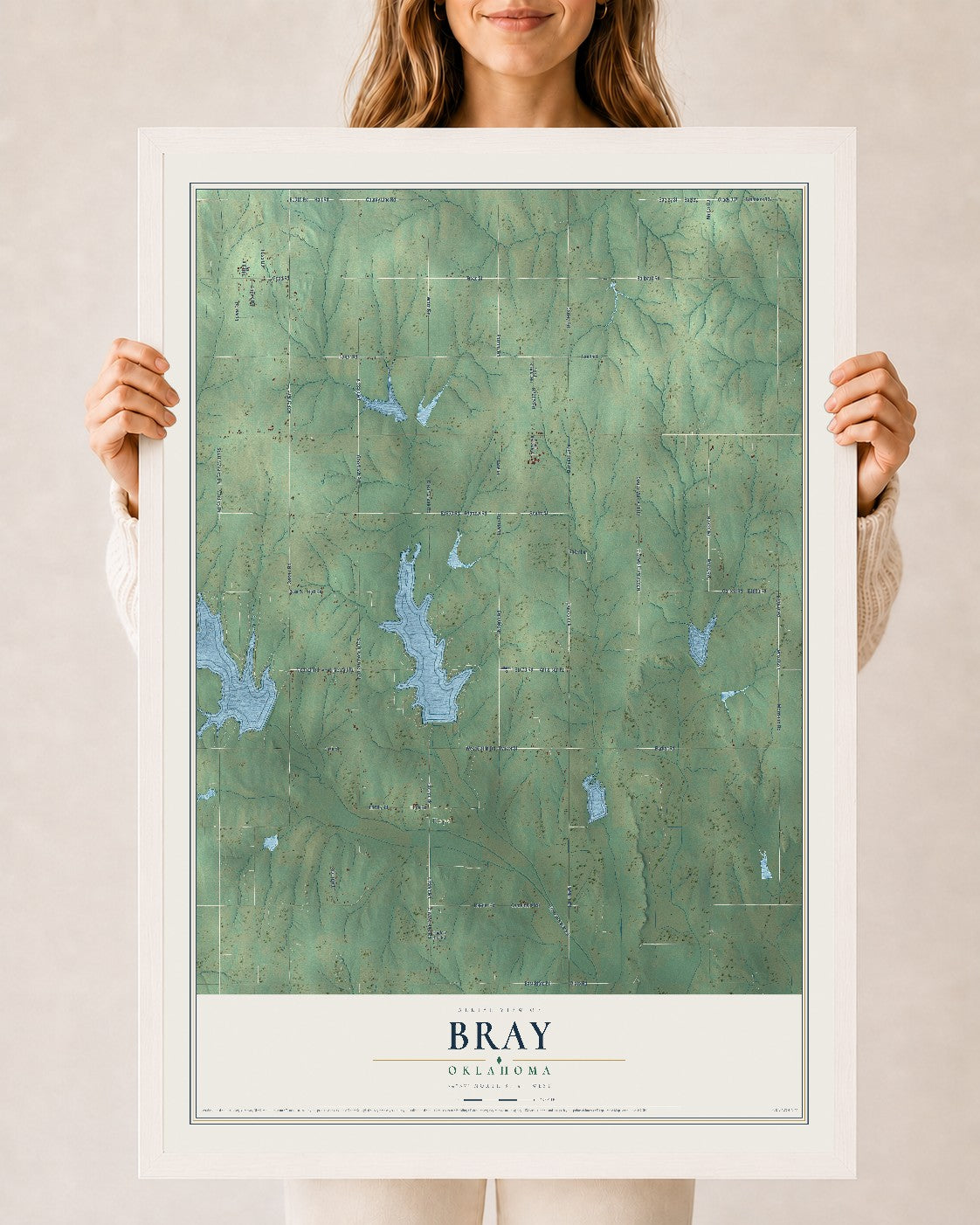Map of Bray, Oklahoma, 24 x 36 inch print in a white wood frame