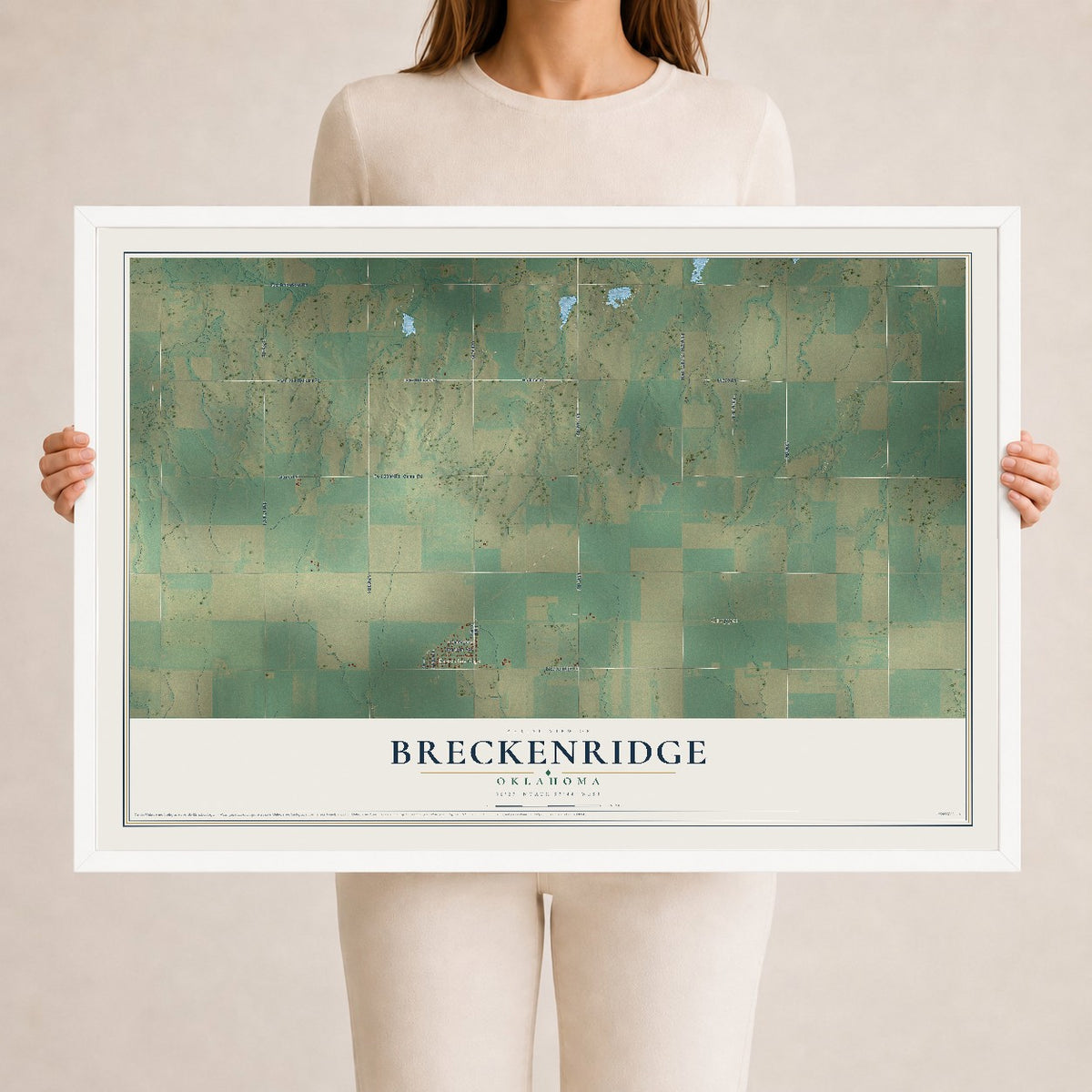 Map of Breckenridge, Oklahoma, 24 x 36 inch print in a white wood frame