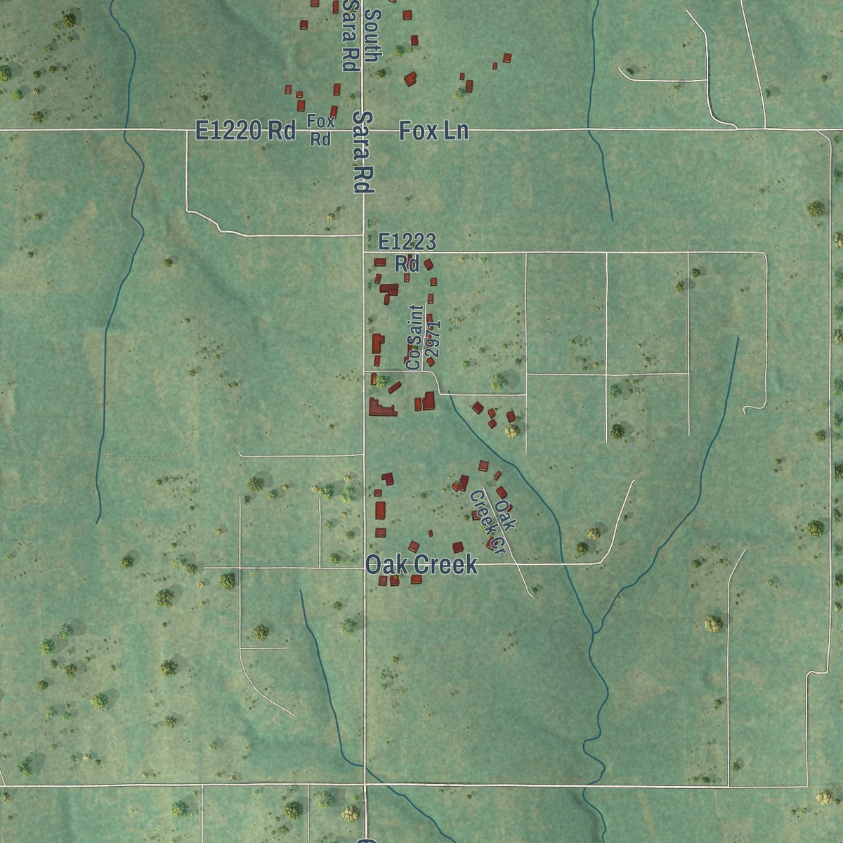 Second close-up of the map of Bridge Creek, Oklahoma print showing more streets and buildings
