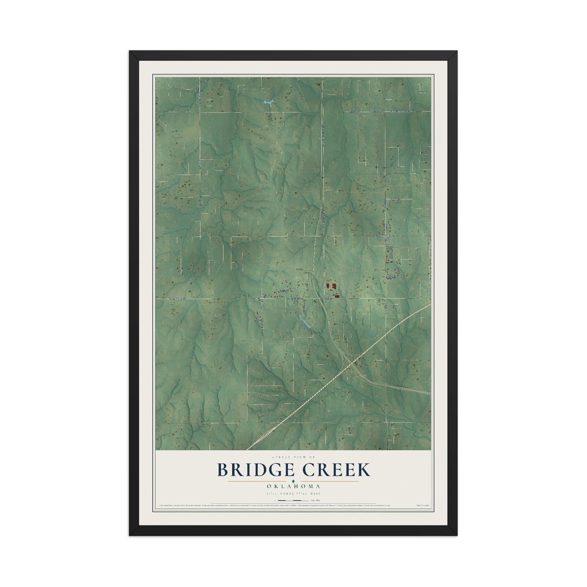 Map of Bridge Creek, Oklahoma, 12 x 18 inch print in a black wood frame