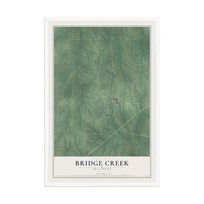 Map of Bridge Creek, Oklahoma, 12 x 18 inch print in a white wood frame