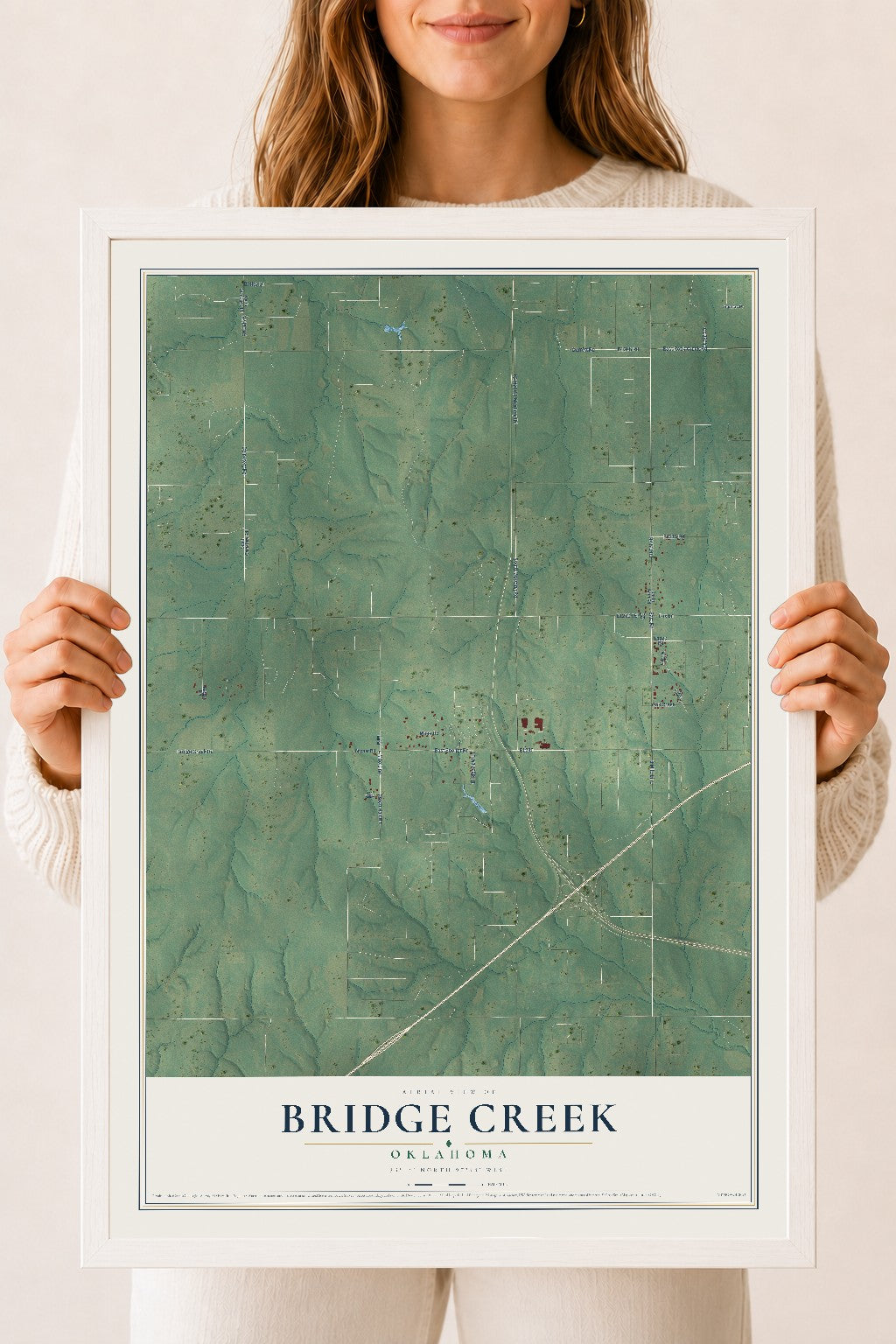 Map of Bridge Creek, Oklahoma, 18 x 24 inch print in a white wood frame