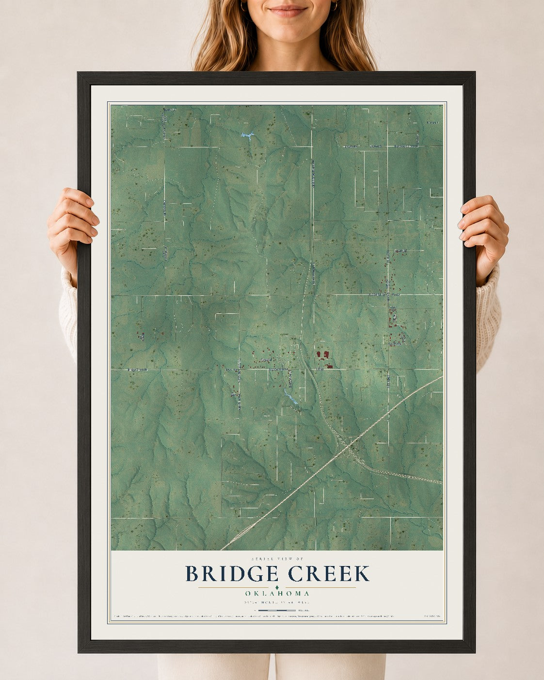 Map of Bridge Creek, Oklahoma, 24 x 36 inch print in a black wood frame