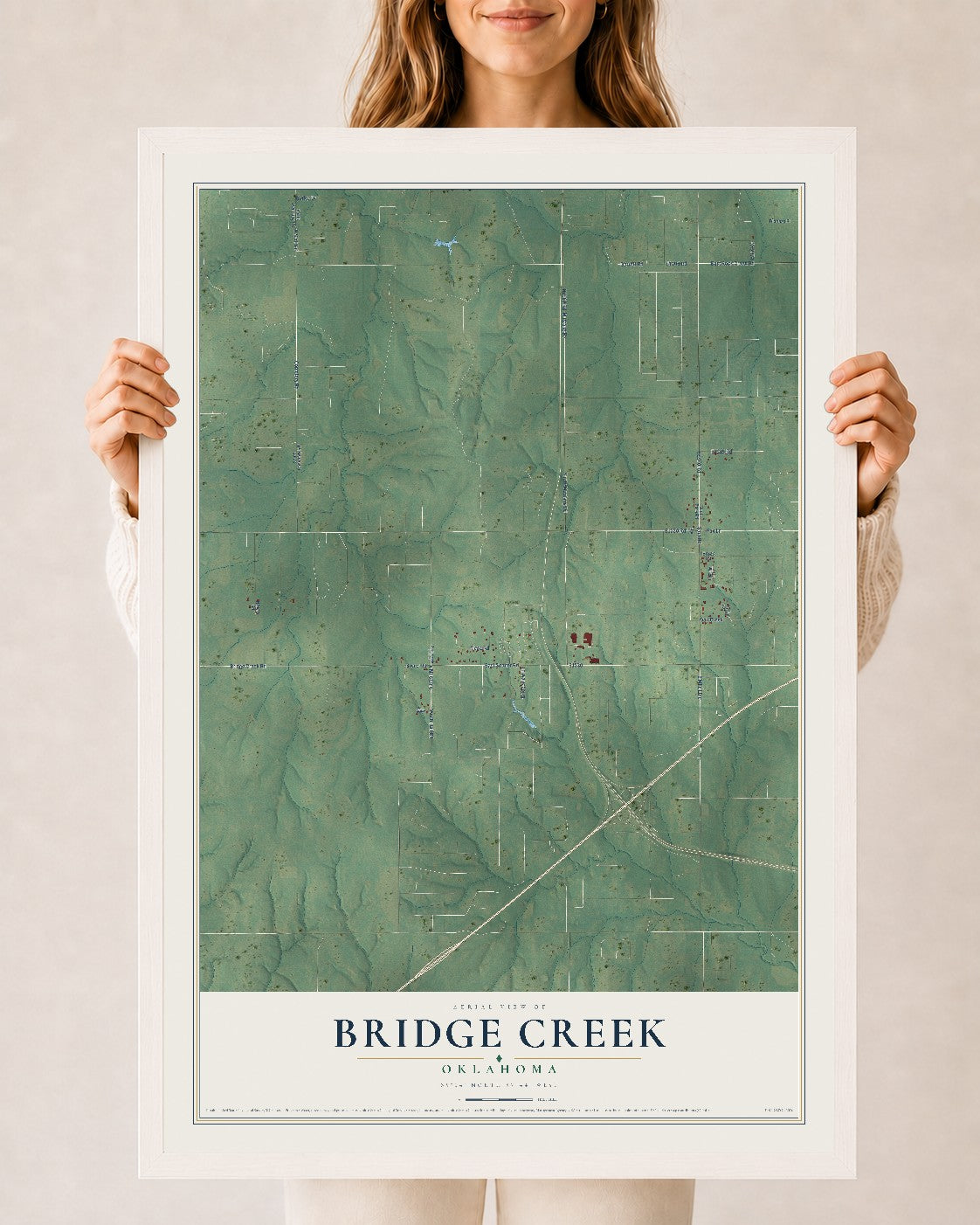 Map of Bridge Creek, Oklahoma, 24 x 36 inch print in a white wood frame