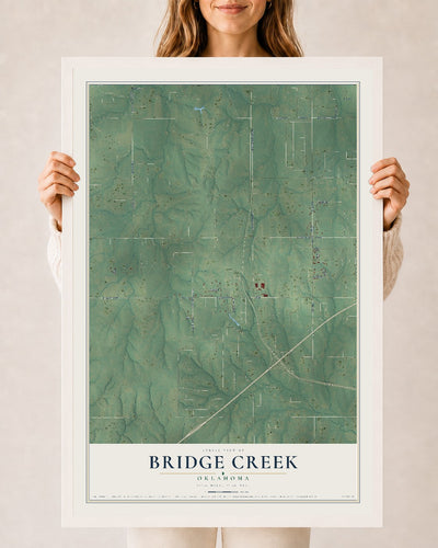 Map of Bridge Creek, Oklahoma, 24 x 36 inch print in a white wood frame