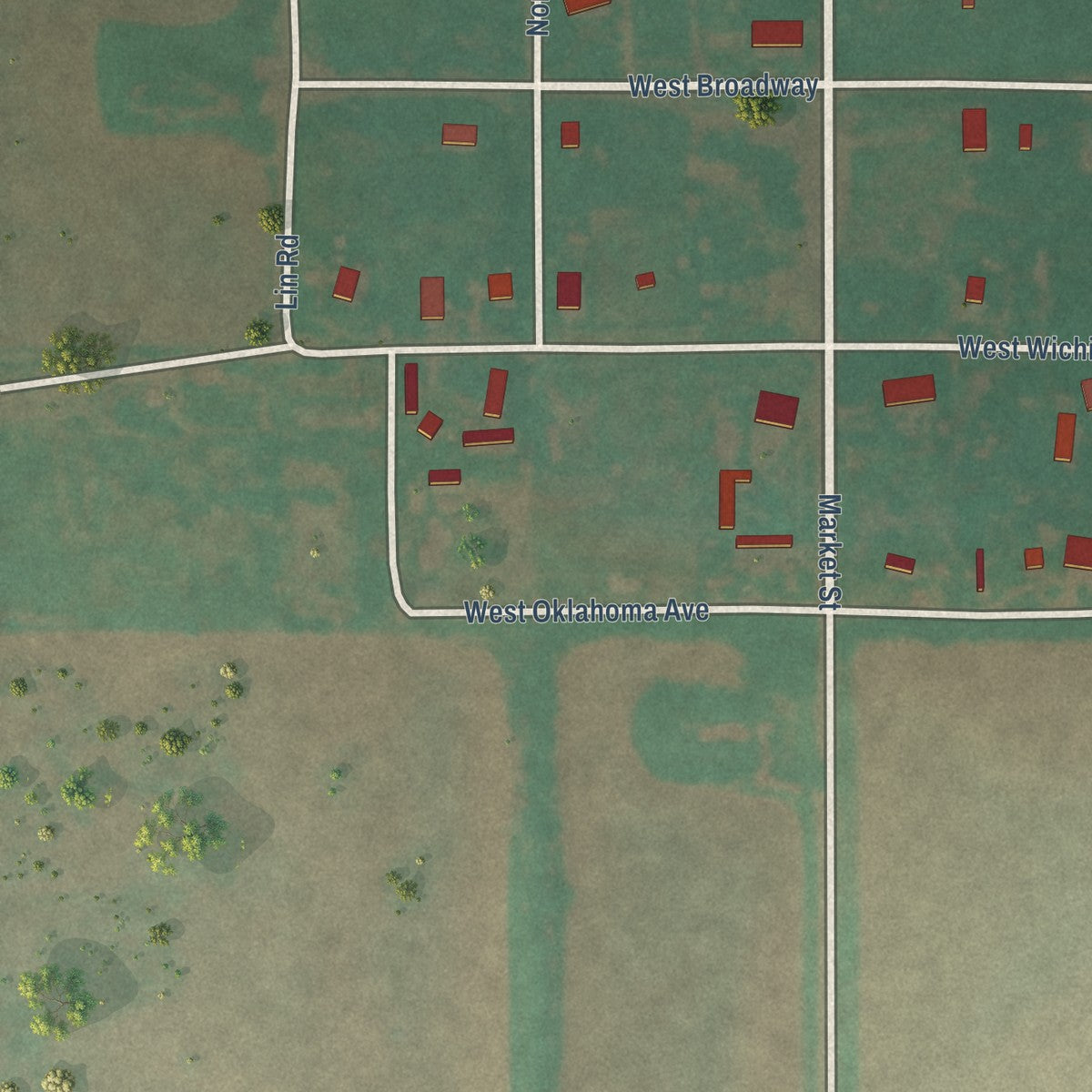 Close-up of the map of Bridgeport, Oklahoma print showing street and building detail