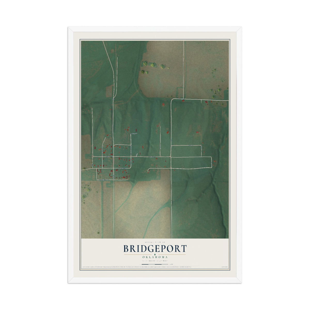 Map of Bridgeport, Oklahoma, 12 x 18 inch print in a white wood frame