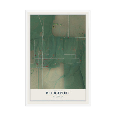 Map of Bridgeport, Oklahoma, 12 x 18 inch print in a white wood frame