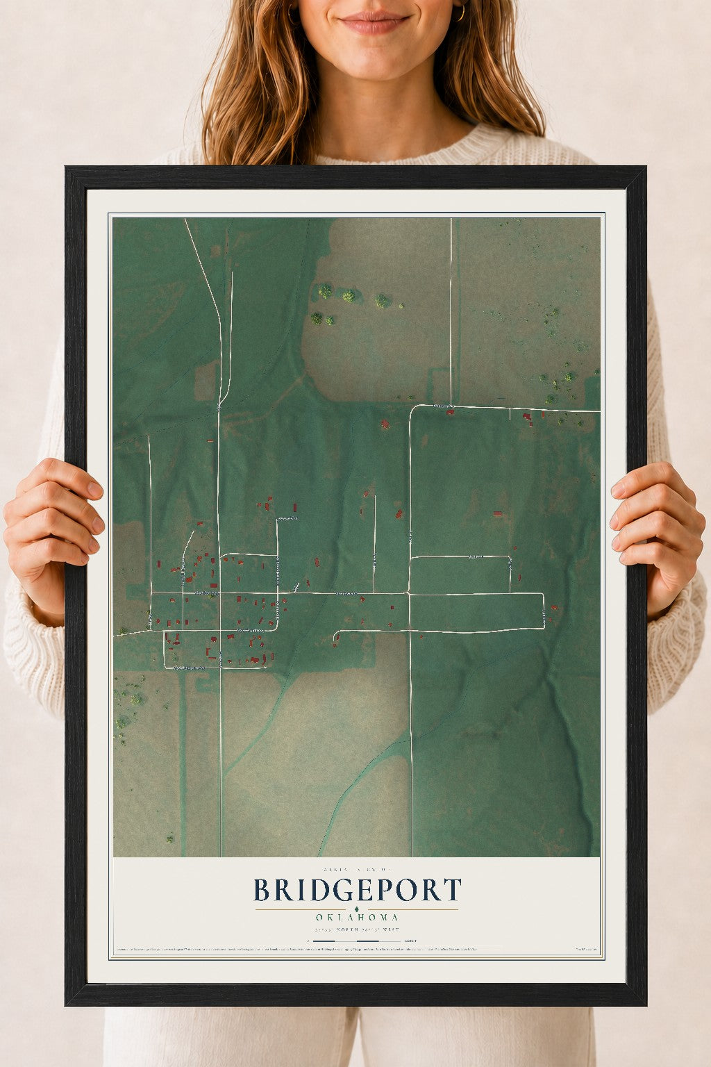 Map of Bridgeport, Oklahoma, 18 x 24 inch print in a black wood frame