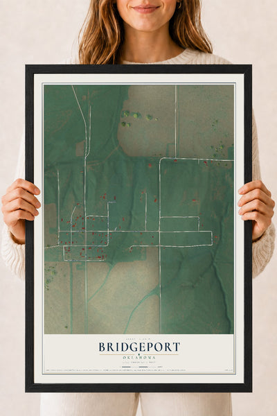 Map of Bridgeport, Oklahoma, 18 x 24 inch print in a black wood frame