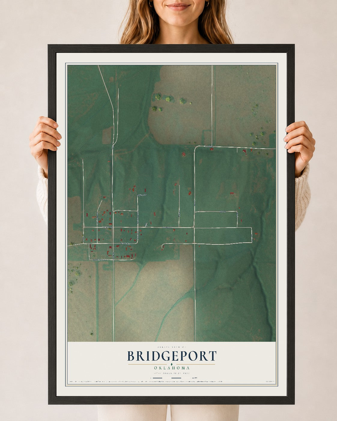 Map of Bridgeport, Oklahoma, 24 x 36 inch print in a black wood frame