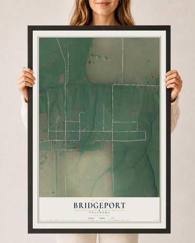Map of Bridgeport, Oklahoma, 24 x 36 inch print in a black wood frame
