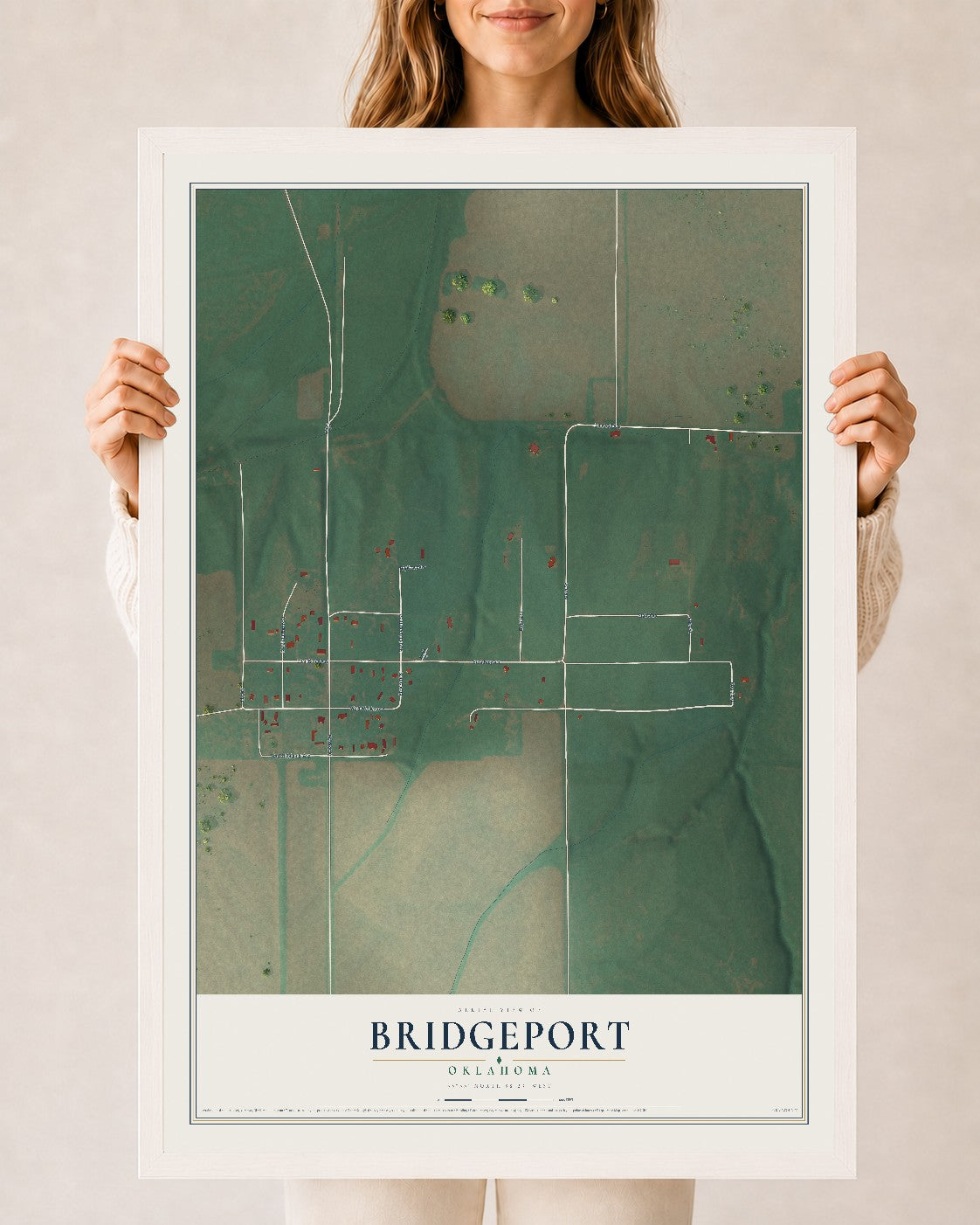 Map of Bridgeport, Oklahoma, 24 x 36 inch print in a white wood frame