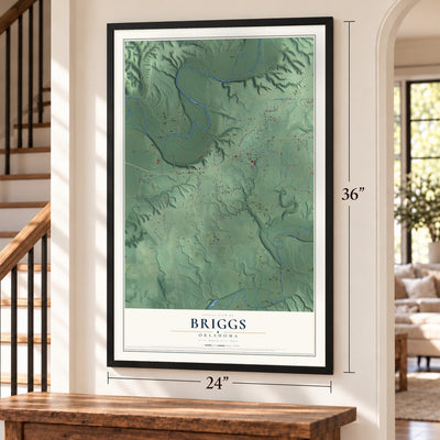 Briggs, Oklahoma map, 24 x 36 inch print in a black frame by a staircase