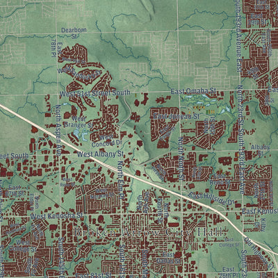 Close-up of the map of Broken Arrow, Oklahoma print showing street and building detail