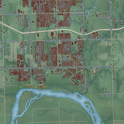 Second close-up of the map of Broken Arrow, Oklahoma print showing more streets and buildings