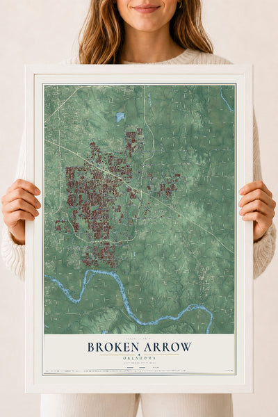 Map of Broken Arrow, Oklahoma, 18 x 24 inch print in a white wood frame