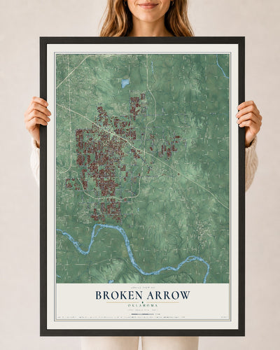 Map of Broken Arrow, Oklahoma, 24 x 36 inch print in a black wood frame