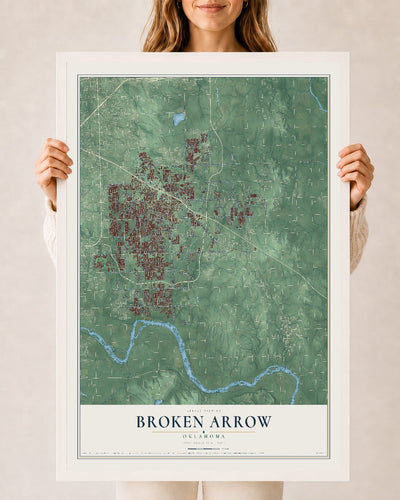 Map of Broken Arrow, Oklahoma, 24 x 36 inch print in a white wood frame