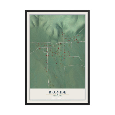 Map of Bromide, Oklahoma, 12 x 18 inch print in a black wood frame