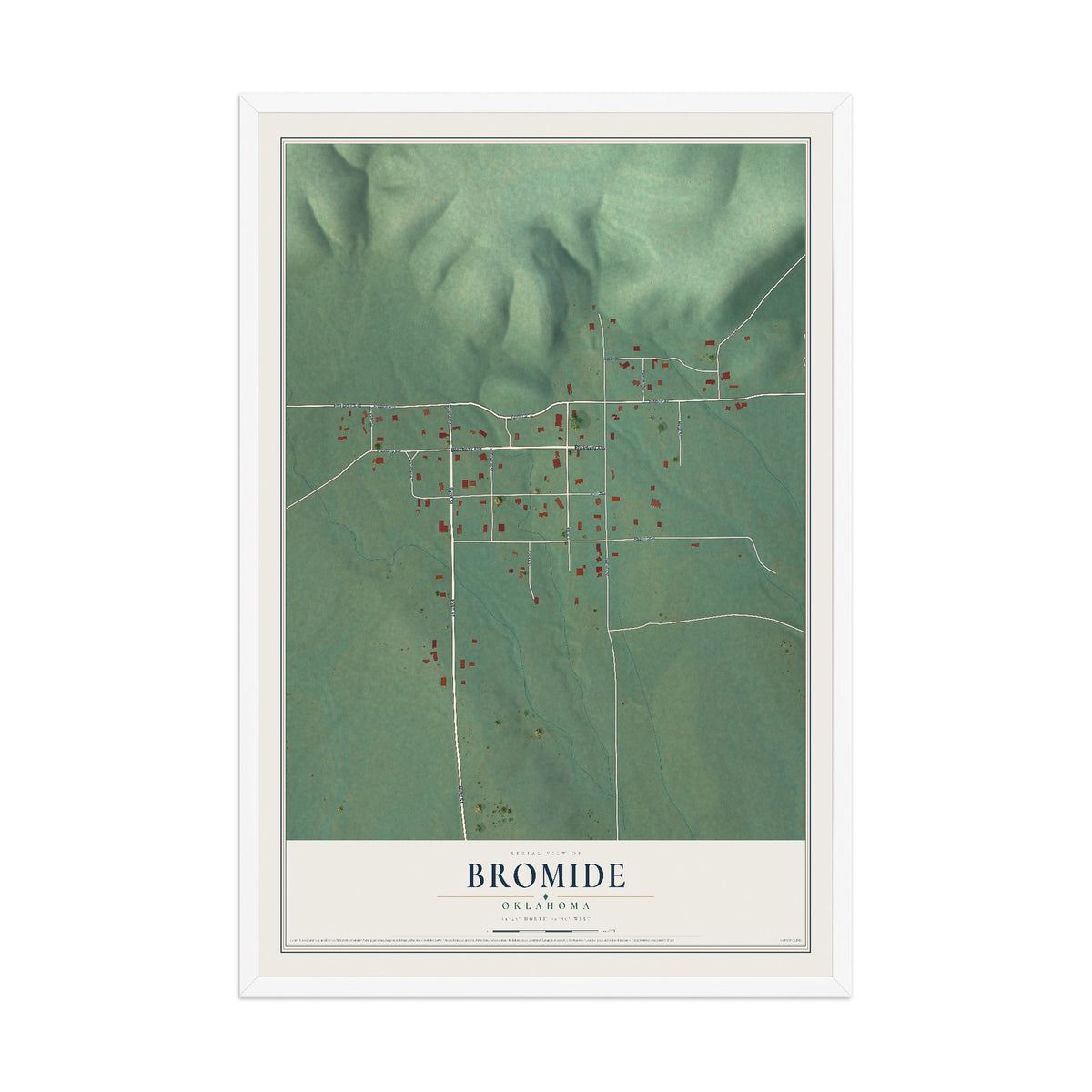 Map of Bromide, Oklahoma, 12 x 18 inch print in a white wood frame