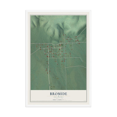 Map of Bromide, Oklahoma, 12 x 18 inch print in a white wood frame