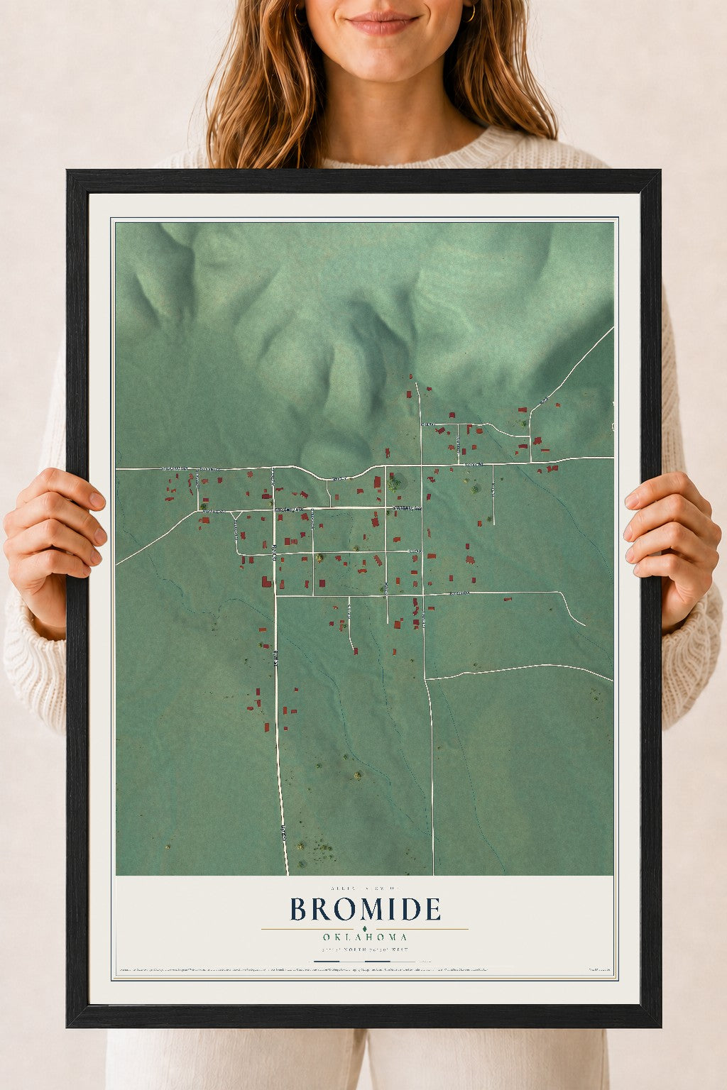 Map of Bromide, Oklahoma, 18 x 24 inch print in a black wood frame