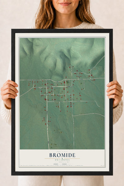 Map of Bromide, Oklahoma, 18 x 24 inch print in a black wood frame