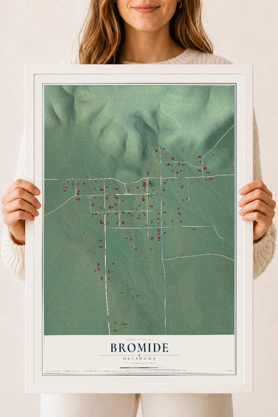 Map of Bromide, Oklahoma, 18 x 24 inch print in a white wood frame
