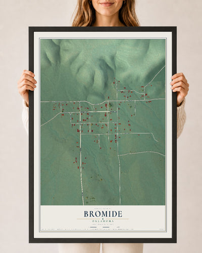 Map of Bromide, Oklahoma, 24 x 36 inch print in a black wood frame