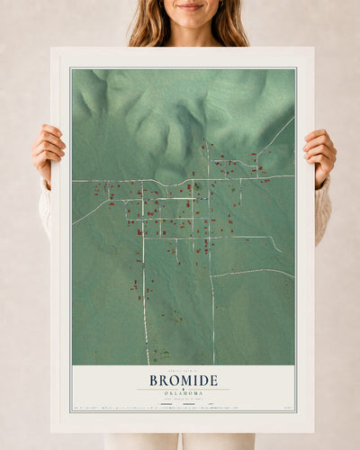 Map of Bromide, Oklahoma, 24 x 36 inch print in a white wood frame