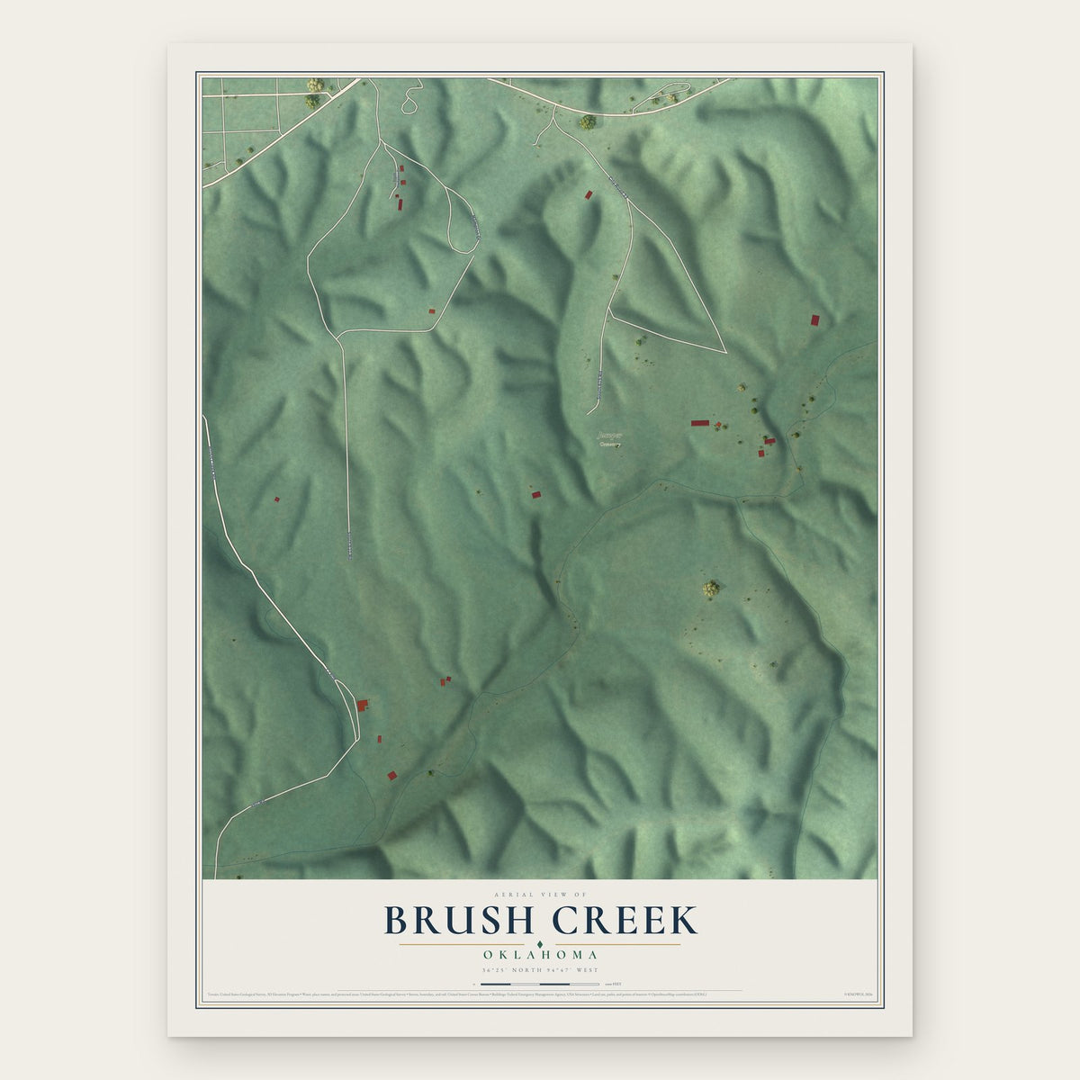Brush Creek, Oklahoma map print, the full design