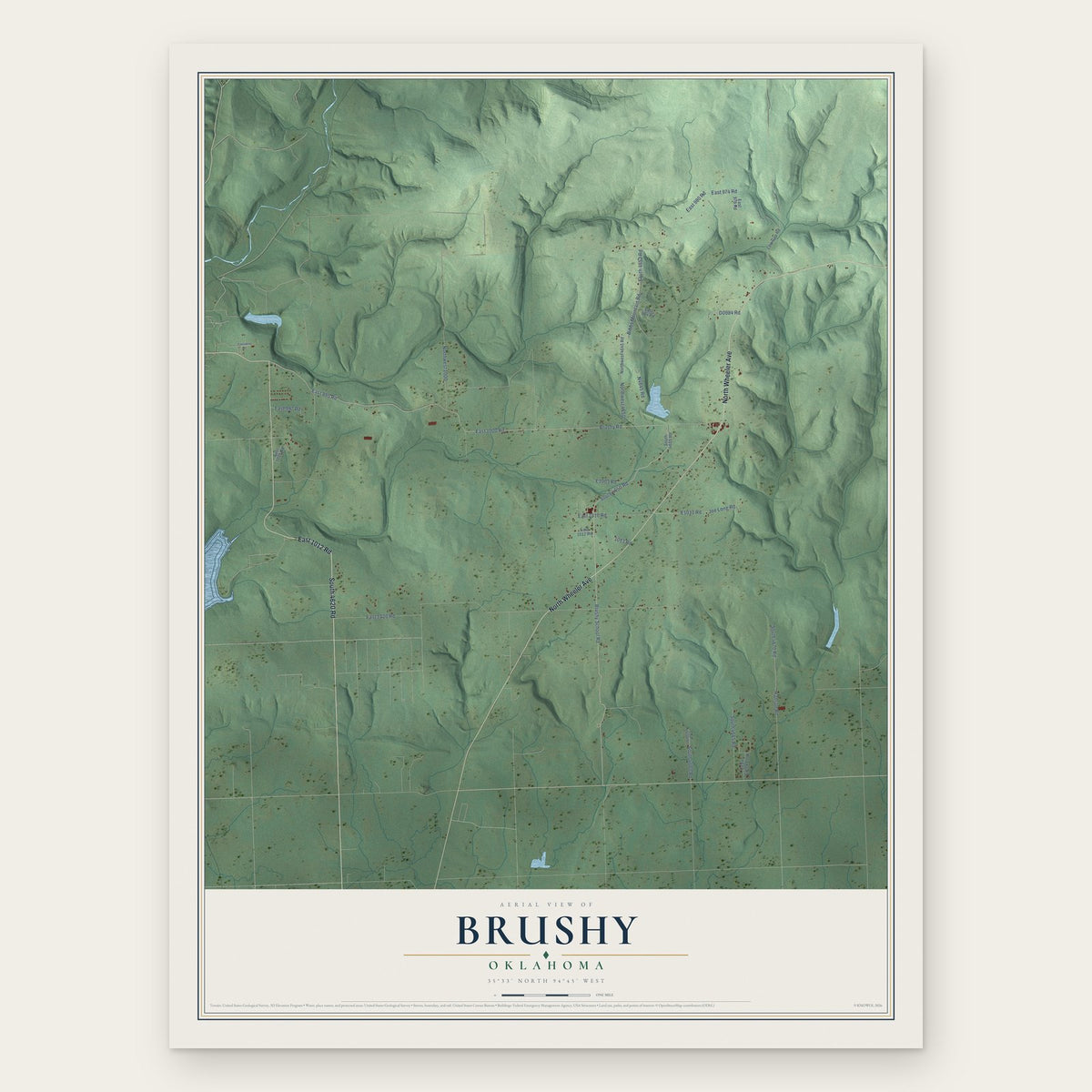 Brushy, Oklahoma map print, the full design