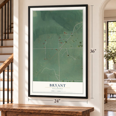 Bryant, Oklahoma map, 24 x 36 inch print in a black frame by a staircase