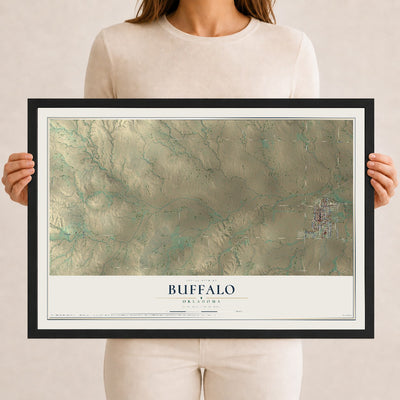 Map of Buffalo, Oklahoma, 12 x 18 inch print in a black wood frame