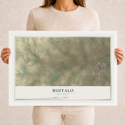 Map of Buffalo, Oklahoma, 12 x 18 inch print in a white wood frame