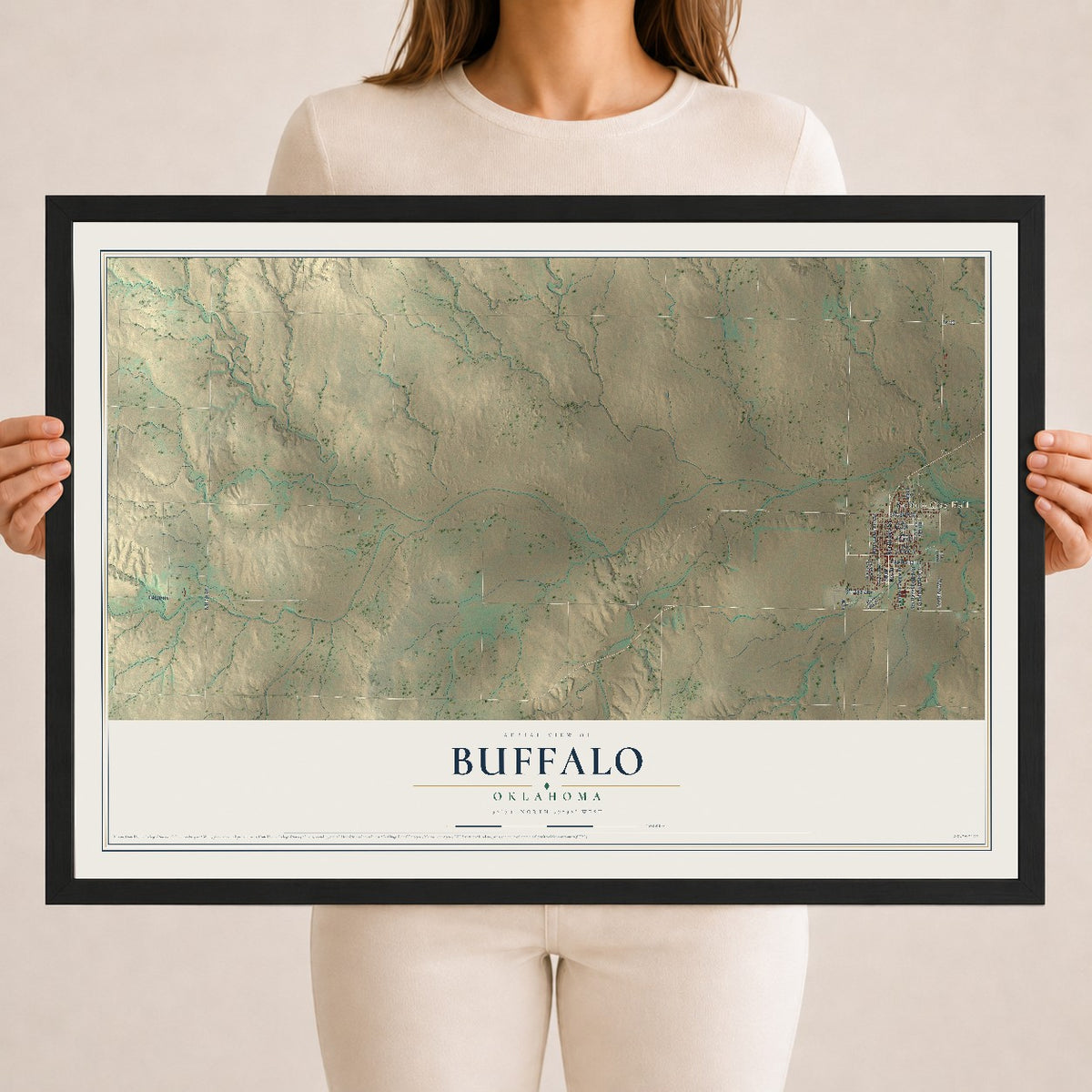 Map of Buffalo, Oklahoma, 18 x 24 inch print in a black wood frame