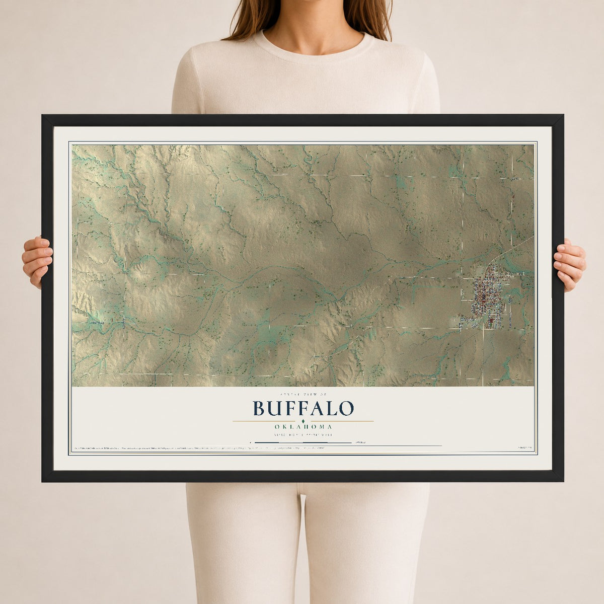 Map of Buffalo, Oklahoma, 24 x 36 inch print in a black wood frame
