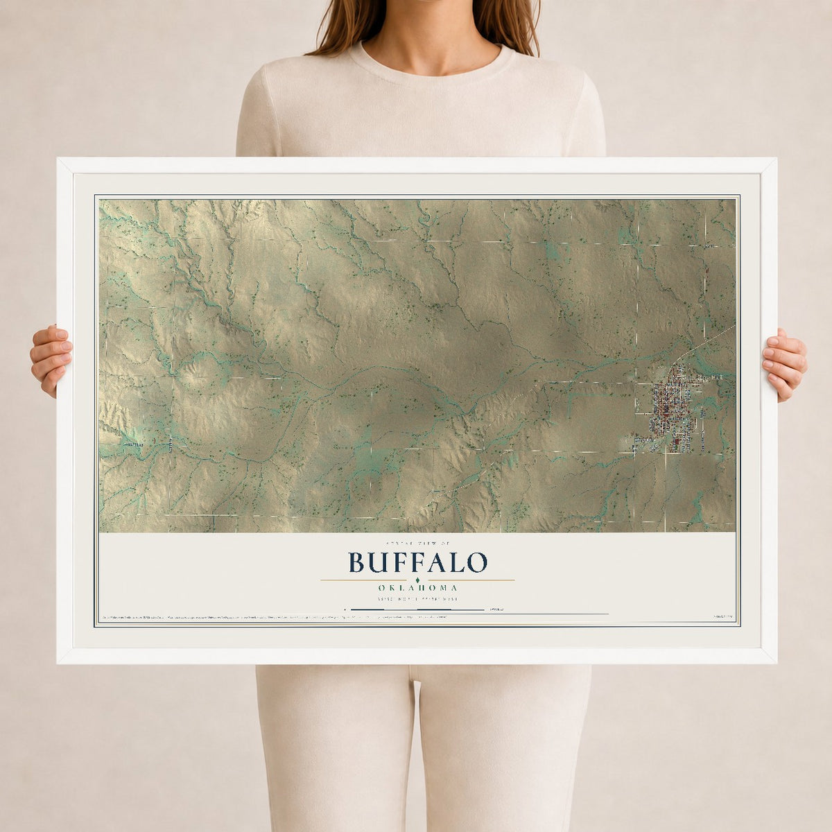 Map of Buffalo, Oklahoma, 24 x 36 inch print in a white wood frame