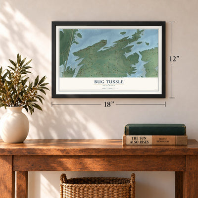 Bug Tussle, Oklahoma map, 12 x 18 inch print in a black frame in an entryway