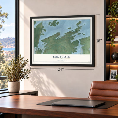 Bug Tussle, Oklahoma map, 18 x 24 inch print in a black frame in a home office