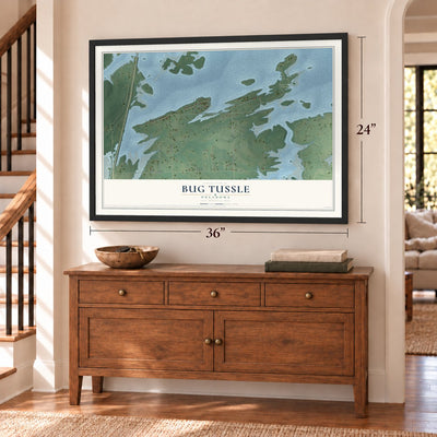 Bug Tussle, Oklahoma map, 24 x 36 inch print in a black frame above a dresser by a staircase