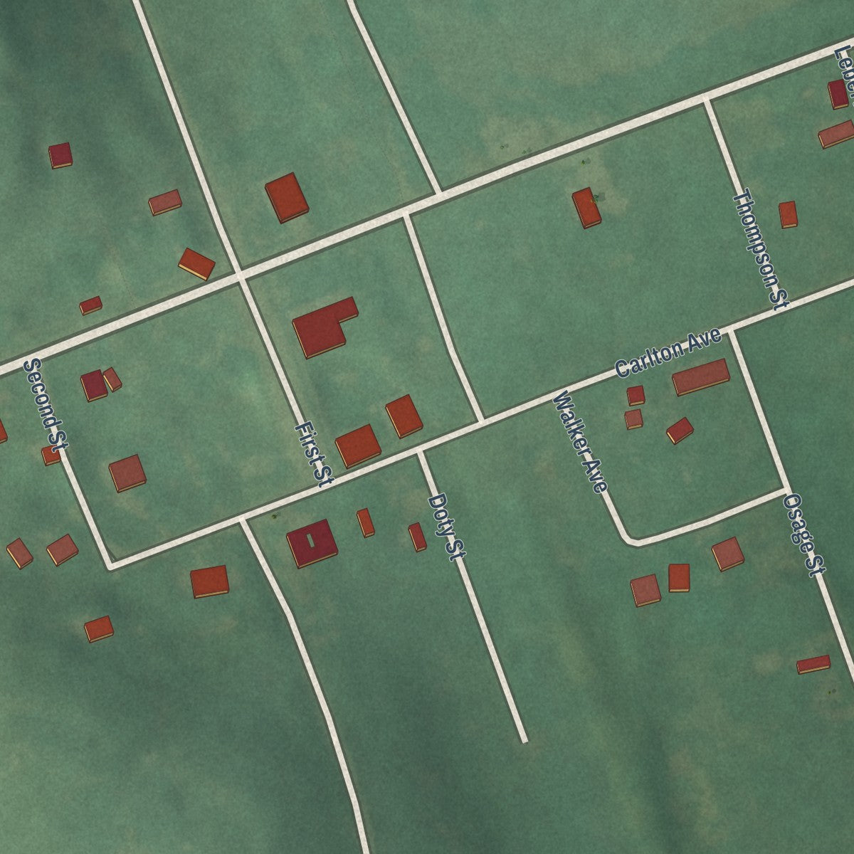 Second close-up of the map of Burbank, Oklahoma print showing more streets and buildings