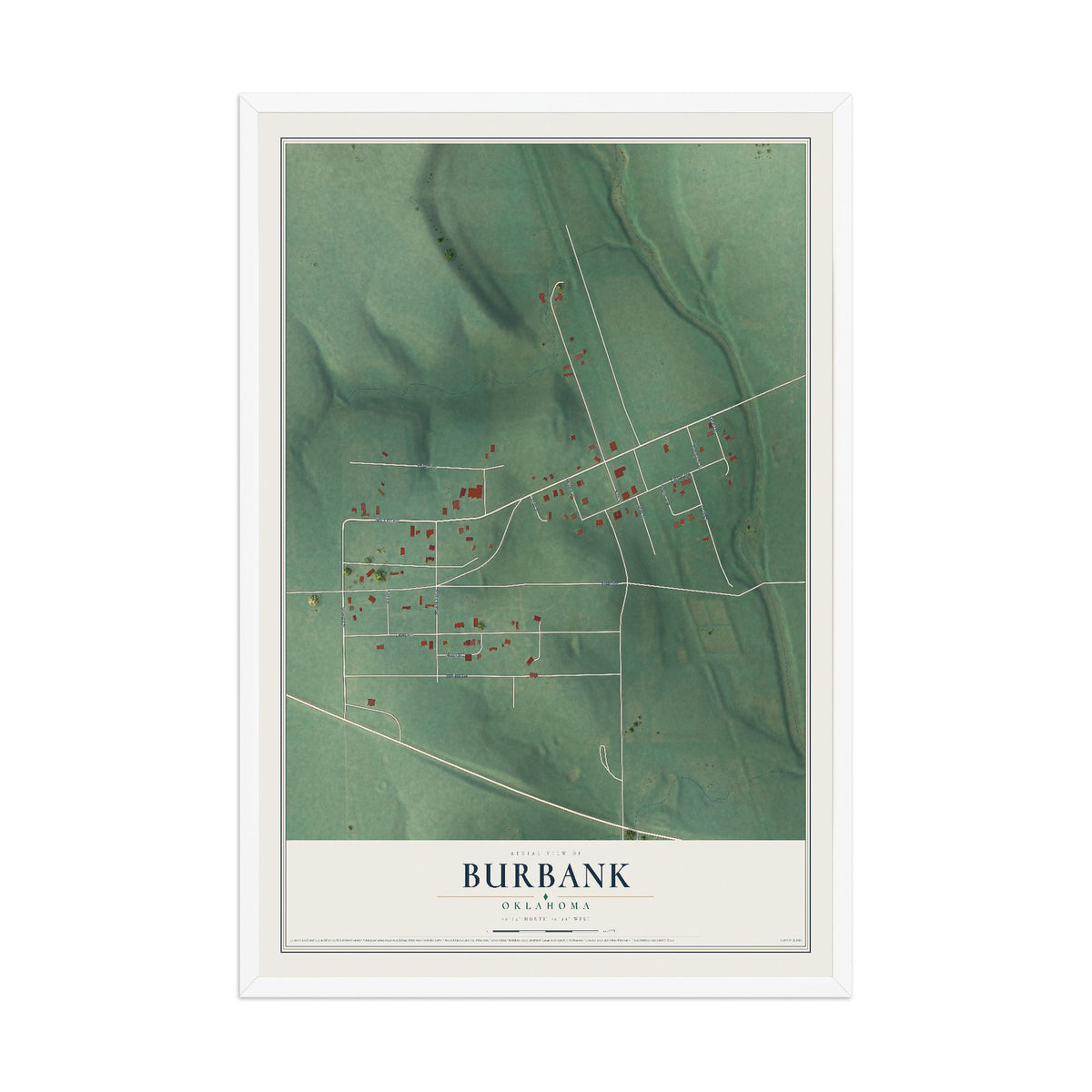 Map of Burbank, Oklahoma, 12 x 18 inch print in a white wood frame