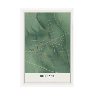 Map of Burbank, Oklahoma, 12 x 18 inch print in a white wood frame